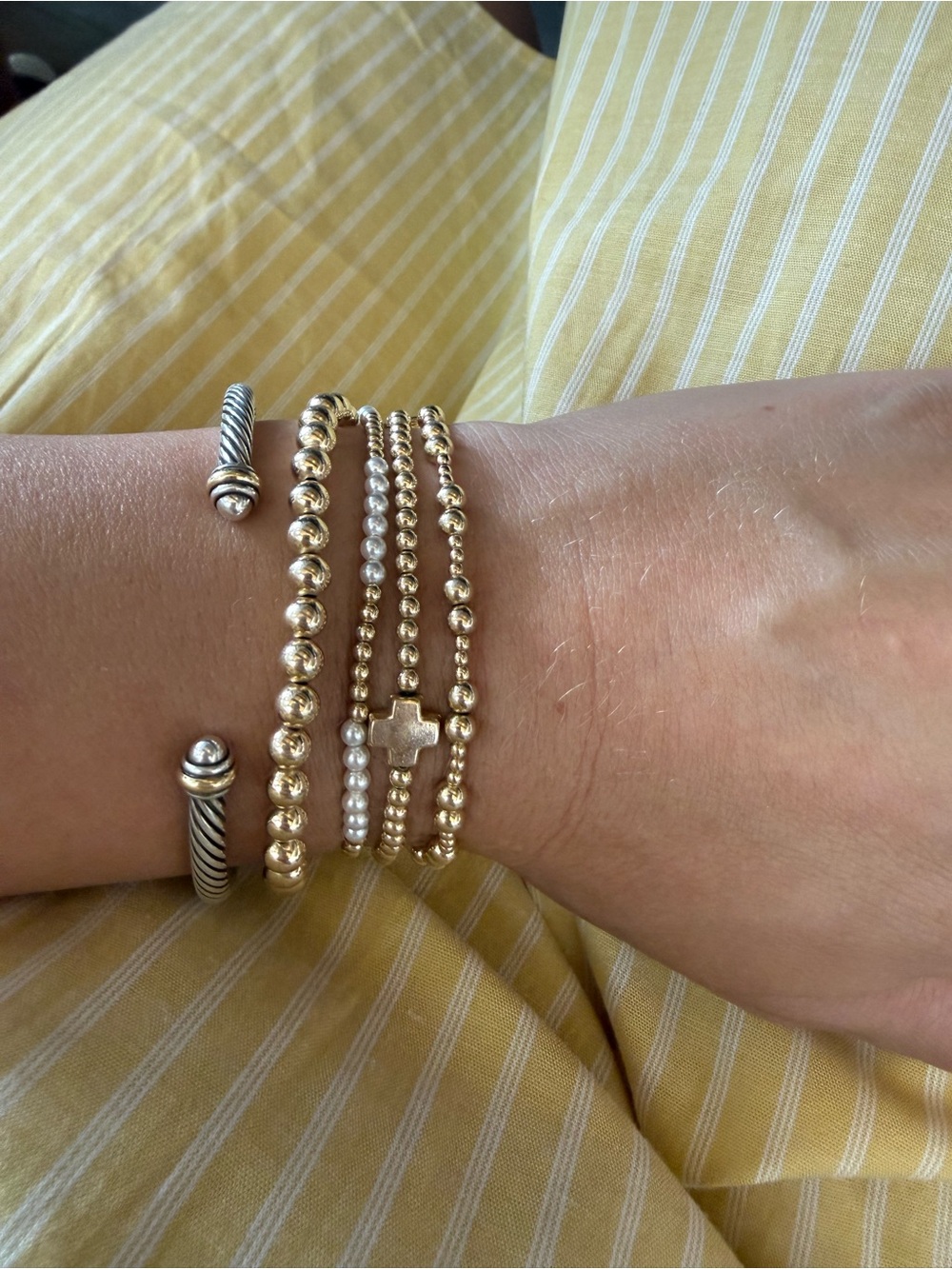 Newton Gold-Tone Beaded Bracelet Stack with Cross Accent - Gold - Picture 2 of 2